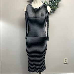 One Clothing Los Angeles Black & Gray Striped Ribbed Knit Cold Shoulder Dress M